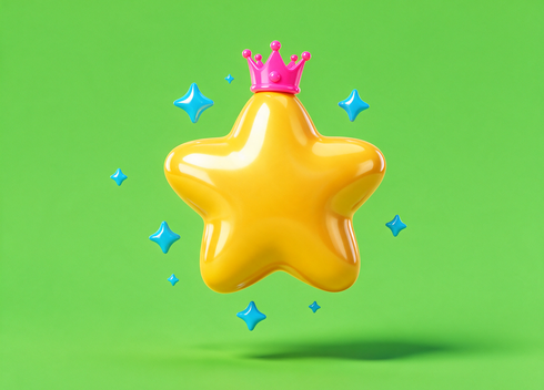 A glossy golden star wearing a small pink crown